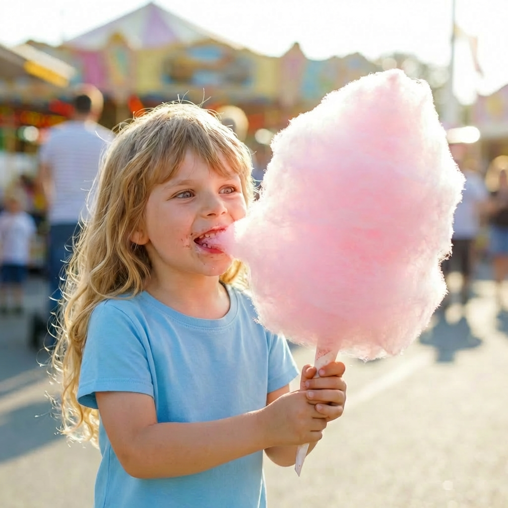 Young boy eating a large pink cotton candy at a sunny carnival.